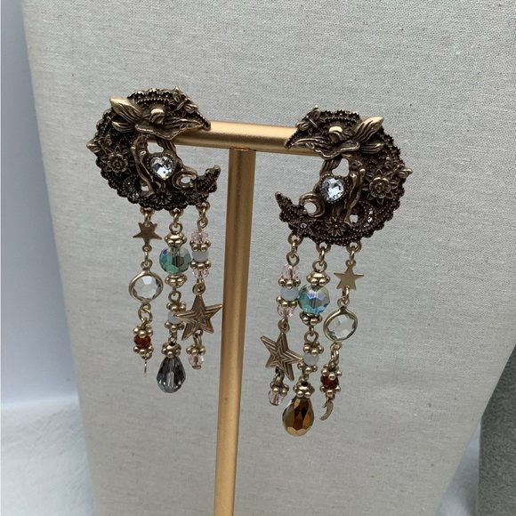 Boho Celestial mixed  media pierced Earrings - Picture 2 of 3